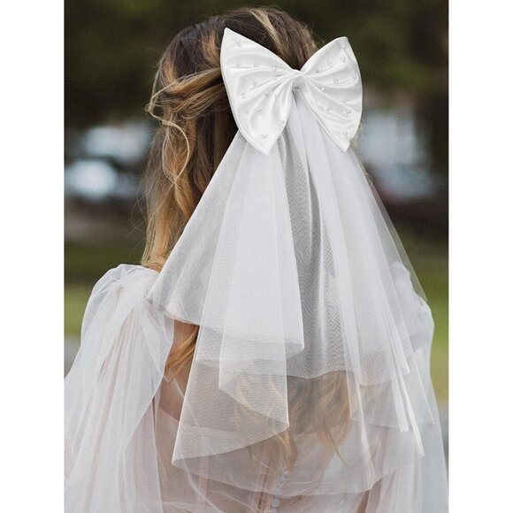 🆕 Women White Hair Bow Veil Bow Clip Bachelorette Decorations Pearl Accessories - Picture 3 of 9